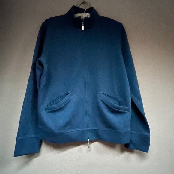 Faconnable Mens Full-Zip Sweater Jacket Small Blue Cotton Knit Mock Neck Pockets